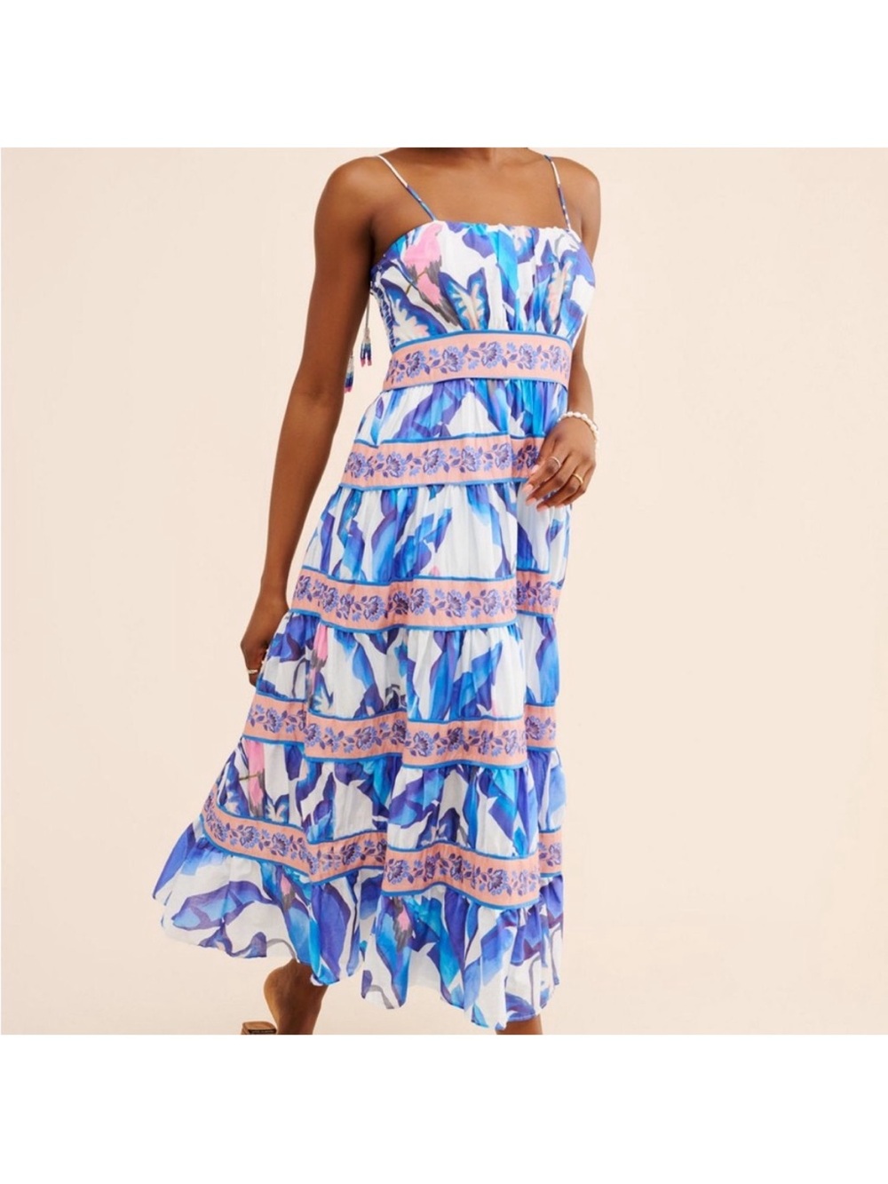FARM Rio Blue Foliage Off-White Midi Dress - NWT Size S Small